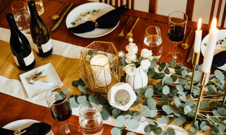 Complex scene with food, fire, glass, and various objects